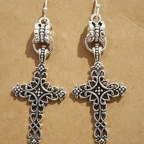 Ornate Baroque / Gothic Silver Tone Cross Earrings - Picture 2 of 7